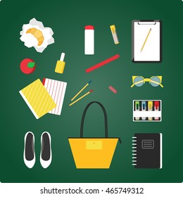 Flat design illustration of school topic with chalk board effect background. School bag, flats, nail polish, lunch, notebooks,croissant, tumbler, vogue bottle. Best for print and advertising.