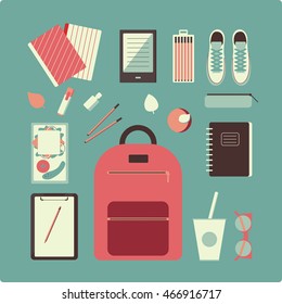 Flat design illustration of school topic in vintage color. School bag, flats, nail polish, lunch, notebooks,croissant, tumbler, vogue bottle. Outfits for school in vector.