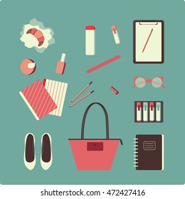 Flat design illustration of school topic in flat style. Back to school concept in vintage color in vector. School bag, flats, nail polish, lunch, notebooks,croissant, tumbler, vogue bottle.