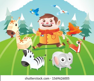 flat design illustration of scouting boy in scout uniform with many animal run in field with tree and mountain as bacground. for children book, poster or anything