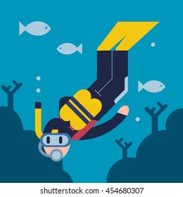 Flat design illustration of scuba diver. 