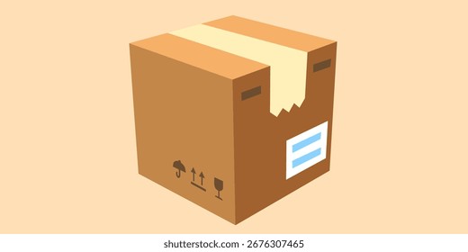 Ilustración de diseño plano de una caja de envío de cartón sellada con cinta y símbolos de entrega. Representa servicios de entrega, logística, embalaje, envío, comercio electrónico, almacenamiento y mensajería