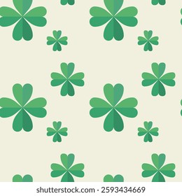 A flat design illustration of a seamless shamrock pattern, featuring rich green hues and intricate details. The repeating motif embodies St. Patrick's Day, luck, nature, and Irish heritage, creating a