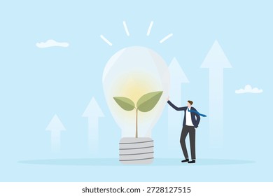 Flaches Design Illustration von Selbstverbesserung und Selbstliebe Konzept. Ein Mann mit Glühbirne, symbolisiert Kreativitätswachstum, Lernen, Motivation, Entwicklung der Mentalität und das Erreichen von Lebenszielen.