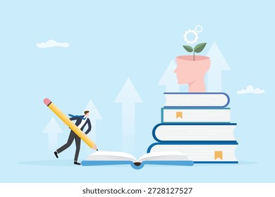 Flaches Design Illustration von Selbstverbesserung und Selbstliebe Konzept. Ein Mann, der Geschicklichkeit erforscht, persönliches Wachstum, Lernen, Motivation, Mentalität und das Erreichen von Lebenszielen symbolisiert.