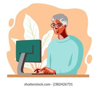 Flat design illustration of a senior man working with computer