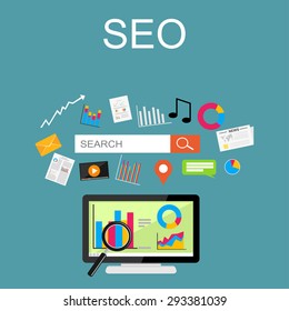 Flat design illustration for SEO concept, search engine, internet content.