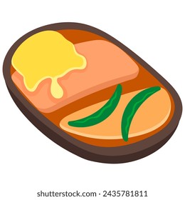 flat design illustration of serving objects, Japanese food with delicious soup, with pork and pieces of edamame, creative drawing 