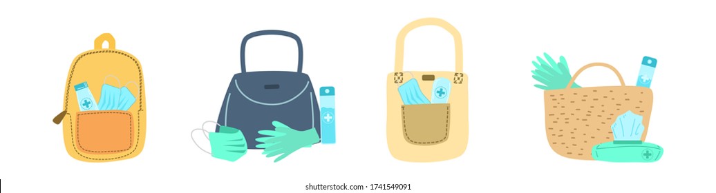 Flat Design Illustration Set Of Backpack, Women Handbag, Cloth Bag And Shopping Basket With Hand Sanitizer, Gloves, Face Mask And Alcohol Spray. Concept Of Daily Life In Pandemic With Necessary Item