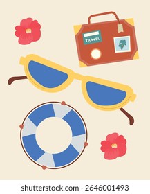 Flat Design Illustration with Set at Bag and Lifebuoy, Sunglasses, Flower