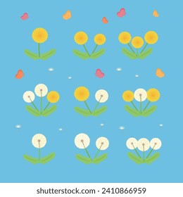 A flat design illustration set featuring dandelions and butterflies, with a blue background.
