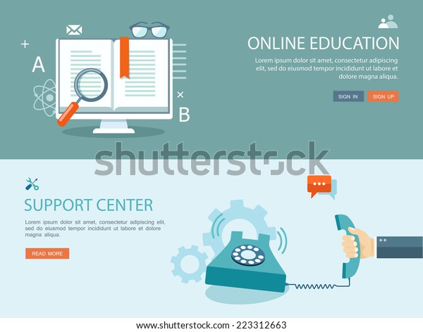 Flat design illustration set with\
icons and text. Online education and support center.\
Eps10