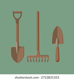 Una ilustración de diseño plano de una pala, rastrillo y paleta sobre un fondo verde.