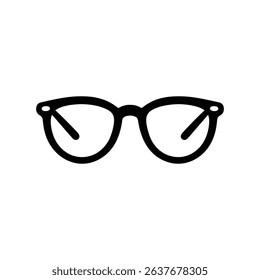 Flat design illustration showcases black-rimmed glasses eyewear with a transparent backdrop. Icon in a minimalistic style for various creative projects.