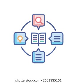 Flat design illustration showcases an open book surrounded by connected speech bubbles. Prominent colors are light and dark blue, pink and teal.