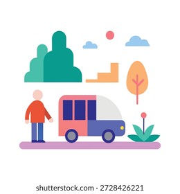 Ilustración de diseño plano que muestra centros de ciudades libres de automóviles habilitados por transporte público autónomo