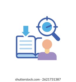 Flat design illustration showcasing document analysis with a magnifying glass and user information. Emphasizes data review and research concepts.