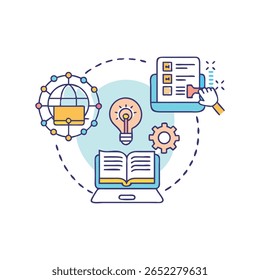 Flat design illustration showcasing education and online learning concepts with vibrant colors and balanced composition for various commercial applications.