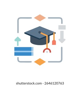 Flat design illustration showcasing a graduation cap within an infographic cycle. The image represents education, learning, and achieving academic success.