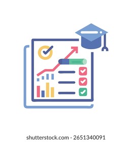 Ilustração de design plano mostrando o relatório de progresso acadêmico com gráfico ascendente e teto de graduação simbolizando o crescimento educacional bem-sucedido.