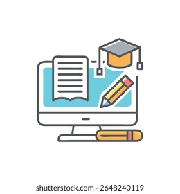 Flat design illustration showing a computer with document, pencil and graduation cap. Light blue and yellow on a White Background.