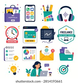 Flat design illustration showing freelance work tools and symbols in a colorful layout