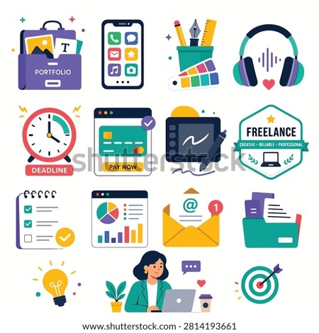 Flat design illustration showing freelance work tools and symbols in a colorful layout