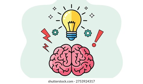 A flat design illustration showing a human brain with a glowing lightbulb above it, representing creativity and innovation.