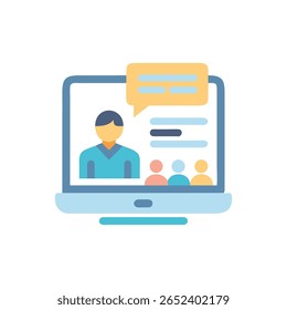 Flat design illustration showing online meeting on laptop screen. Features a presenter, audience, and chat communication.