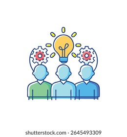 Flat design illustration showing a team with a bright lightbulb and gears, symbolizing innovative solutions and collaborative teamwork on a White Background.