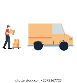 A flat design illustration shows a delivery person in red uniform loading cardboard boxes onto a hand truck, which is positioned next to a light orange delivery van.