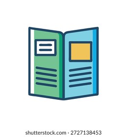 La ilustración de diseño plano muestra un folleto abierto con texto de marcador de posición. Presenta una paleta de colores azul claro, verde y amarillo.