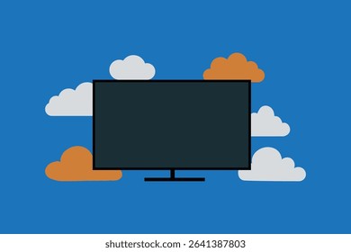A flat design illustration shows a television screen surrounded by clouds, symbolizing cloud computing and its impact on television technology.