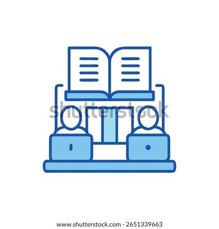 Flat design illustration shows two individuals working at laptops behind an open book, showcasing online education resources.