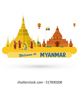 Flat design, illustration of Shwedagon Pagoda and Bagan ancient city