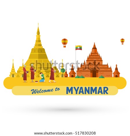 Flat design, illustration of Shwedagon Pagoda and Bagan ancient city