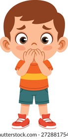 Ilustração de design plano de um personagem menino tímido cobrindo sua boca com uma expressão embaraçosa. Essa pose representa timidez, pudor, surpresa ou emoção social, tornando-a adequada para conteúdo infantil, materiais de aprendizagem emocional, projetos educacionais, planilhas escolares, visuais de narrativa e comunicação focada na criança. O estilo plano limpo e linguagem corporal suave tornam esta ilustração ideal para projetos educacionais modernos, aplicativos, sites, mascotes e narrativa visual relacionada à emoção.