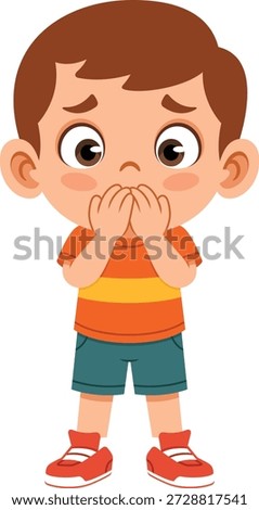 Flat design illustration of a shy boy character covering his mouth with an embarrassed expression. This pose represents shyness, bashfulness, surprise, or social emotion, making it suitable for children’s content, emotional learning materials, education projects, school worksheets, storytelling visuals, and kid focused communication. The clean flat style and gentle body language make this illustration ideal for modern educational designs, apps, websites, mascots, and emotion related visual storytelling.