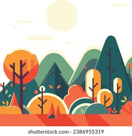 Ilustración de diseño plano bosque de arte simple y montaña