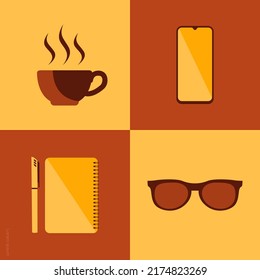 Flat design illustration simple object coffee, phone, book, glasses