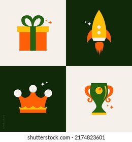 Flat design illustration simple object gift, rocket, crown, trophy