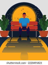 ilustración de diseño plano sentada en el medio del jardín por la noche