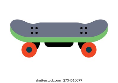 Una ilustración de diseño plano de un monopatín con cubierta gris, adornos verdes y ruedas naranjas sobre un fondo blanco.