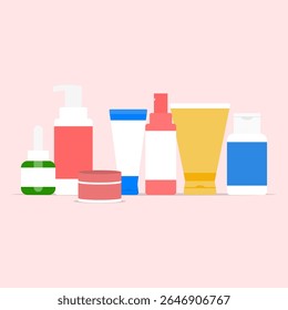 Flat design illustration of skincare and cosmetic product bottles and tubes including serum, cream, lotion, and cleanser. Ideal for beauty brands, skincare infographics, and product packaging mockups.