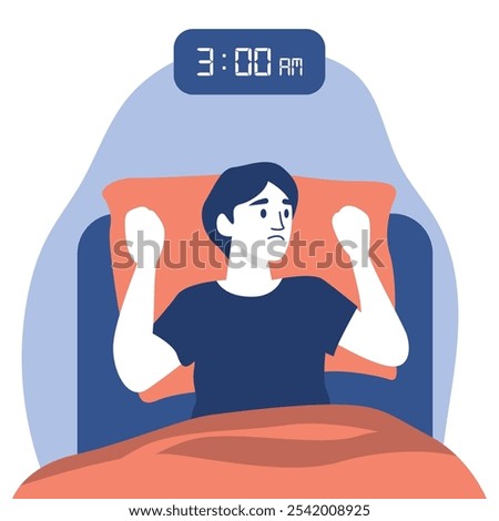 Flat Design Illustration of Sleepless Man Awake at 3:00 AM, Experiencing Insomnia and Restlessness. Vector Art Representing Sleep Disorders, Anxiety, and Nighttime Thoughts. Ideal for Mental Health