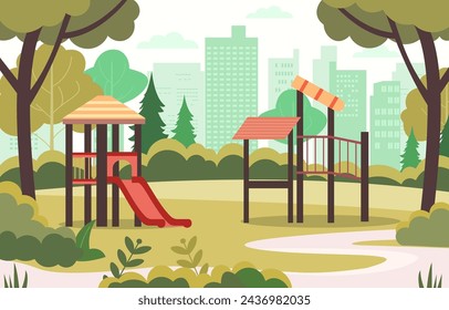 Flat Design Illustration of Slide in Playground with City Building in Bright Day