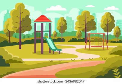 Ilustración de diseño plano de diapositiva y columpio en patio de recreo con fondo de paisaje urbano