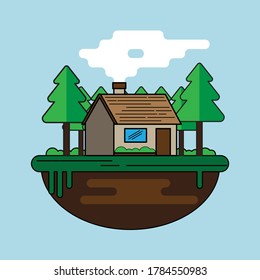 Una ilustración de diseño plano del pequeño rancho en el bosque.