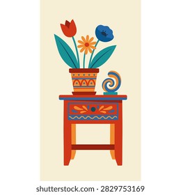 Flat design illustration of a small red side table with a decorative pot of flowers and a swirl sculpture.