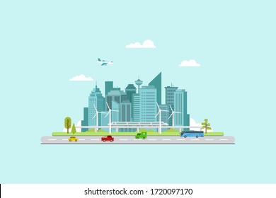 Ilustración de diseño plano de una ciudad inteligente con camiones inteligentes de tren rápido y transporte moderno